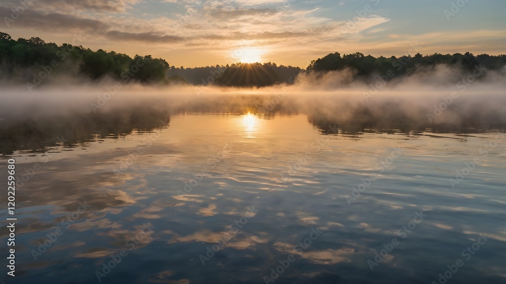 Misty sunrise over a calm lake, with gentle steam rising from the water's surface.
Misty sunrise over a calm lake, with gentle steam rising from the water's surface.
