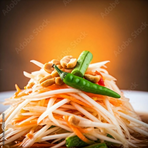 Somtam is Papaya Salad Thai. Made from chopped papaya. mixed with raw shrimp, Thai style, isolated on white background, papaya spicy salad - somtam - Thai traditional street food style