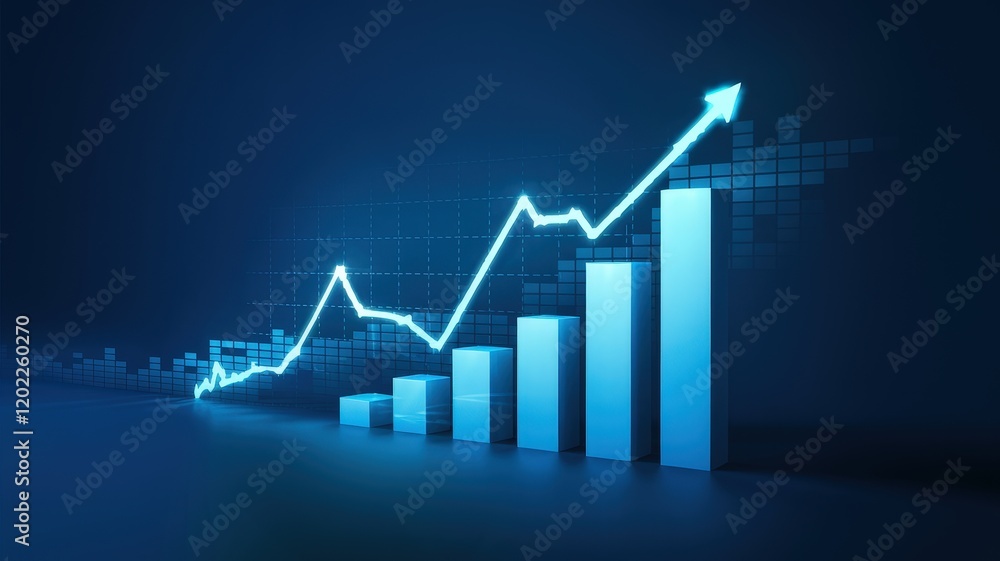 Fototapeta premium Upward Trending Line and Bar Graph on Blue Background