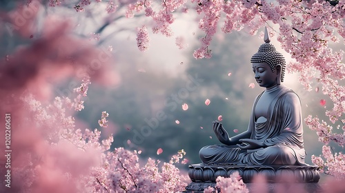 An ethereal image of Gautama Buddha meditating in a garden of cherry blossoms, symbolizing peace and renewal