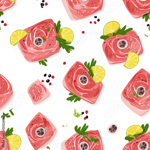 Tuna Tartare flat illustration, Tuna Tartare seamless pattern photo