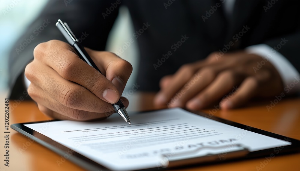 Professional Businessman In Black Suit Close-Up Signing Contract On Digital Tablet At Office Desk In Deal Closing Scene. Professional Businessman In Black Suit Close-Up Signing Contract On Digital Tablet At Office Desk In Deal Closing Scene.