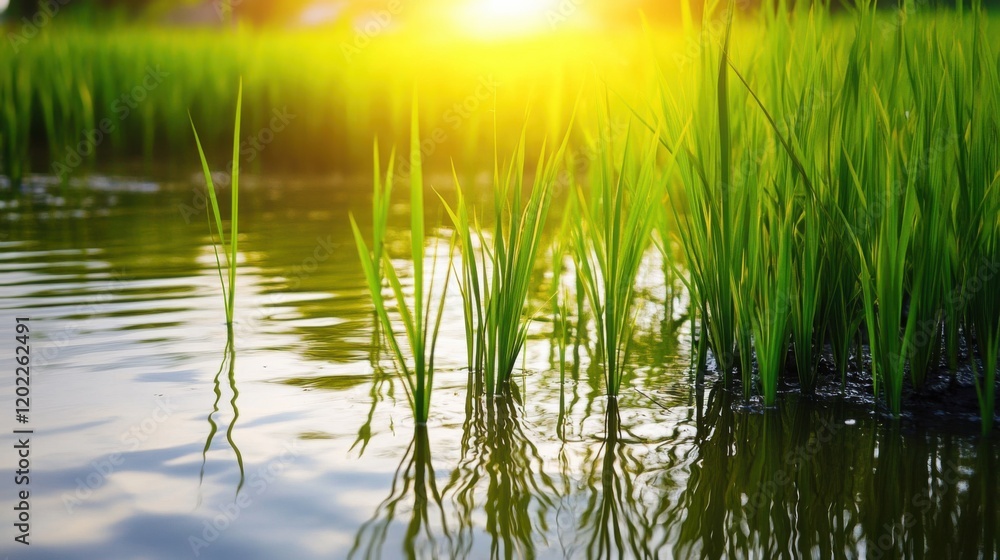 Rice plants growing in water in a paddy field. Emphasizing the growth and natural habitat of the rice plants. Ideal for environmental studies and agricultural blogs. Rice plants growing in water in a paddy field. Emphasizing the growth and natural habitat of the rice plants. Ideal for environmental studies and agricultural blogs.