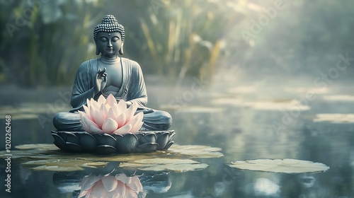 Gautama Buddha meditating on a floating lotus in a tranquil pond, symbolizing purity and spiritual awakening