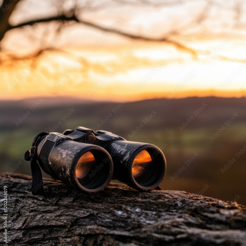 Professional ornithologist focusing on weathered binoculars for birdwatching, sunset-lit landscape, nature exploration Professional ornithologist focusing on weathered binoculars for birdwatching, sunset-lit landscape, nature exploration