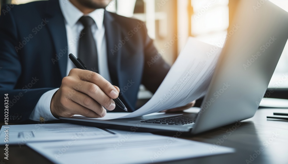 Middle-Aged Professional Businessman Engaged In Work On Laptop, Reading Documents And Checking Financial Reports In Office Setting. Ample Copy Space Available. Middle-Aged Professional Businessman Engaged In Work On Laptop, Reading Documents And Checking Financial Reports In Office Setting. Ample Copy Space Available.