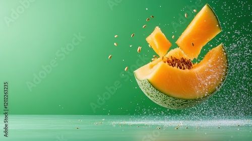 Melons arranged in a lively motion are bursting energetically, releasing seeds into the vibrant green backdrop, illustrating themes of abundance and exuberance in culinary art. photo