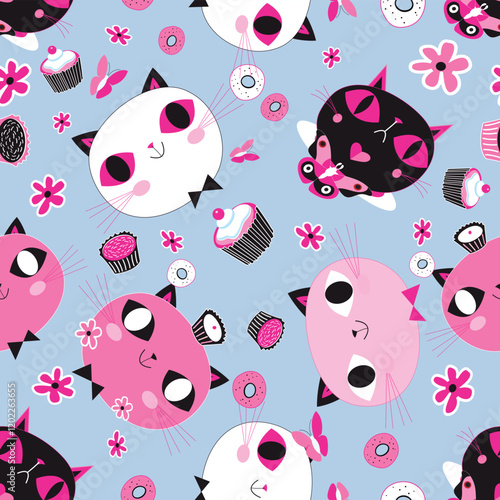 Obraz na płótnie Vector pattern funny faces of cats among flowers and butterflies w salonie