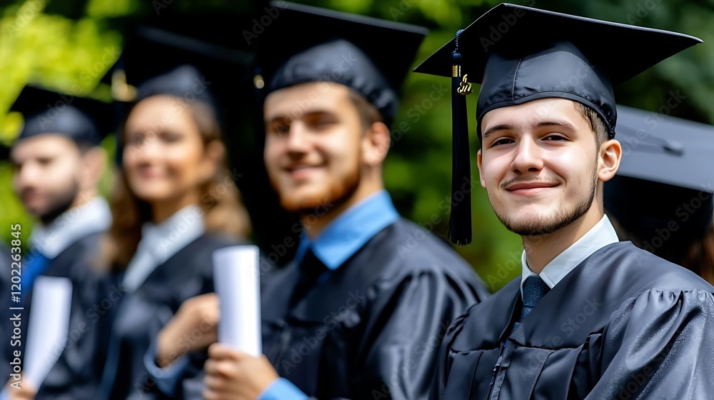 Fototapeta premium A high school graduate in a cap and gown, their sharp eyes radiating pride and confidence in their achievement.