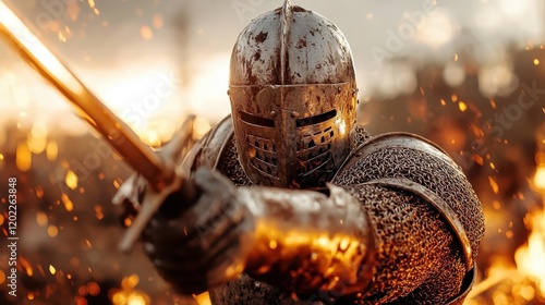 Amidst a blaze of flames, a battle-hardened knight fights fiercely in heavy armor, brandishing his sword, embodying the spirit of valor and resilience. photo