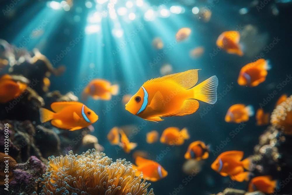 Naklejka premium vibrant coral reef ecosystem teeming with neon angelfish, flowing sea anemones, and rainbow parrotfish, rays of sunlight piercing turquoise waters