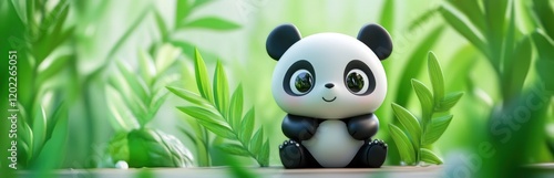 This adorable cartoon panda character sits happily among lush green bamboo, creating a joyful and vibrant scene perfect for children’s themes, nature, and wildlife. photo