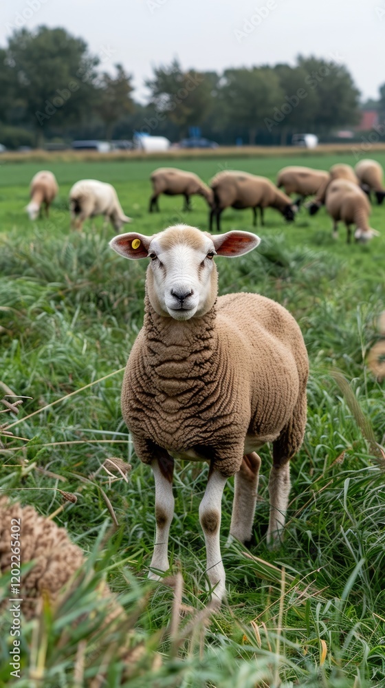 A flock of sheep grazes calmly on vibrant green grass by a road in the picturesque Dutch countryside, capturing the essence of rural tranquility and nature's beauty A flock of sheep grazes calmly on vibrant green grass by a road in the picturesque Dutch countryside, capturing the essence of rural tranquility and nature's beauty