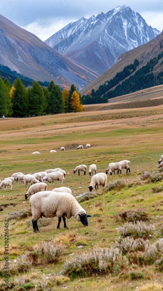 Fototapeta premium In the heart of autumn, a flock of black and white sheep grazes on lush grassland beneath towering mountains. The serene landscape showcases the beauty of nature and peaceful farm life