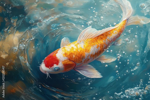 vibrant digital painting of koi fish swimming in crystal clear water, traditional japanese art style meets modern digital techniques photo