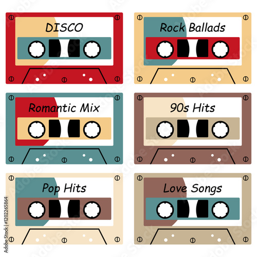 Audio cassette set on white background retro vintage music object vector illustration	
