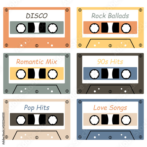 Audio cassette set on white background retro vintage music object vector illustration 