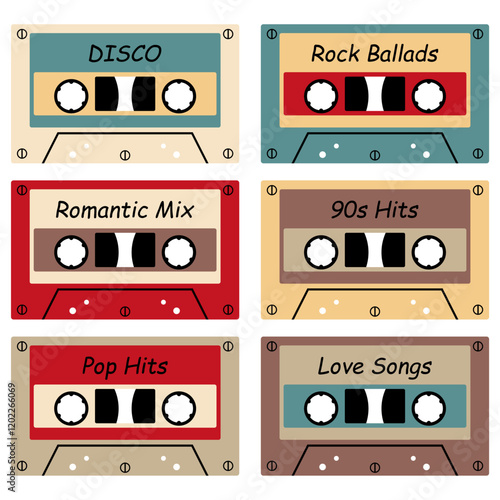 Audio cassette set on white background retro vintage music object vector illustration	
