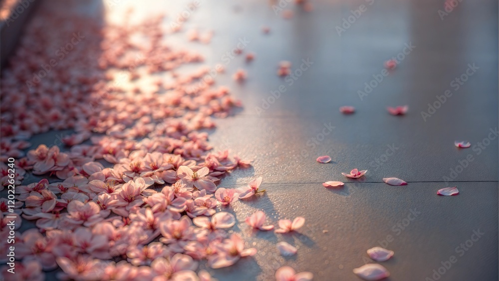 Fallen cherry blossom petals scattered on a smooth stone surface with natural soft lighting, minimalistic aesthetic with copy space Fallen cherry blossom petals scattered on a smooth stone surface with natural soft lighting, minimalistic aesthetic with copy space