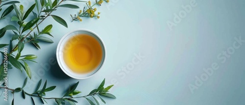 Wallpaper Mural Cup of green tea with fresh leaves on a colorful background. Top down view of hot tea cup decorated with tea leaves. Flat lay composition with copy space for beverage and wellness design. AIG55. Torontodigital.ca