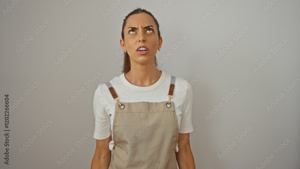 Young brunette woman isolated on white background wearing a beige apron with an annoyed expression Young brunette woman isolated on white background wearing a beige apron with an annoyed expression