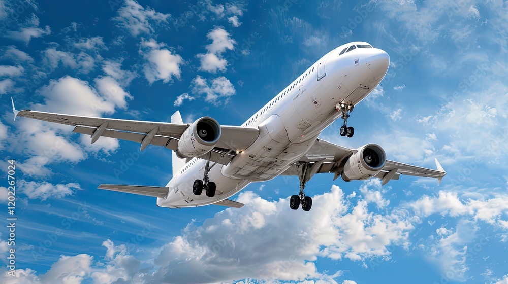 Obraz premium A private jet is captured in mid-flight against a vibrant blue sky, demonstrating the freedom and luxury of air travel. This stunning aircraft glides effortlessly through soft, white clouds