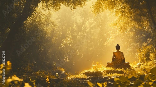 Gautama Buddha depicted in a peaceful forest setting with golden light, symbolizing spiritual enlightenment and serenity