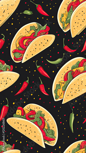 Taco and chili pepper pattern with vibrant colors on black background