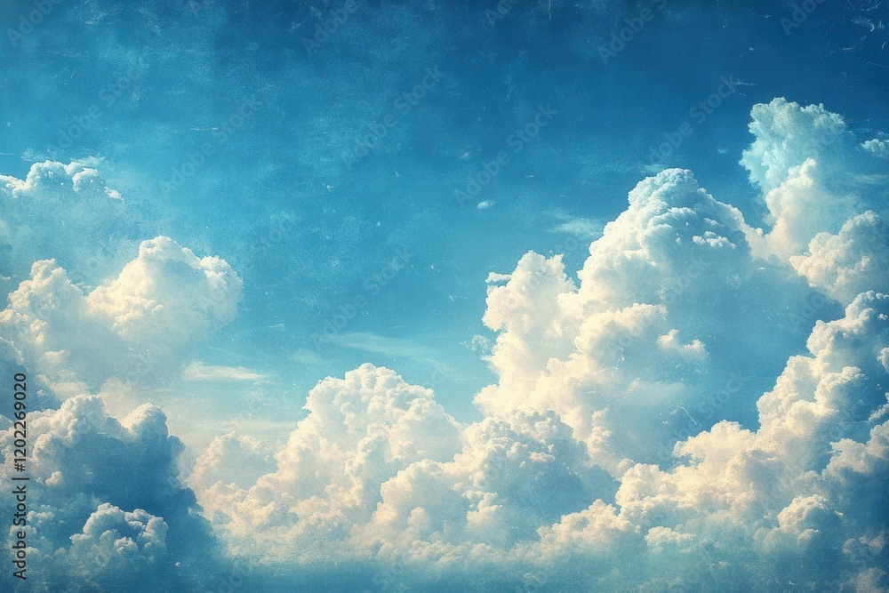 vintage cloud illustration with halftone dots, faded blue sky pattern, weathered paper texture, retro design aesthetic