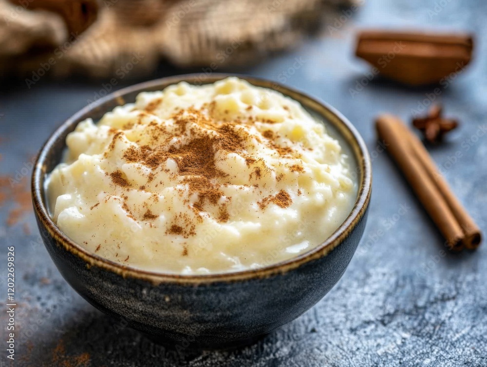 Bowl of creamy rice pudding with a sprinkle of cinnamon. Emphasizing the comfort and sweetness of the dessert. Ideal for food blogs and dessert recipes. Bowl of creamy rice pudding with a sprinkle of cinnamon. Emphasizing the comfort and sweetness of the dessert. Ideal for food blogs and dessert recipes.