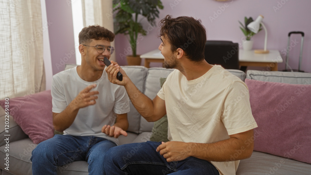 Father and son sing using a tv remote as a microphone while sitting on a sofa in their cozy, well-lit living room, showcasing a warm family bond and a joyful indoor activity. Father and son sing using a tv remote as a microphone while sitting on a sofa in their cozy, well-lit living room, showcasing a warm family bond and a joyful indoor activity.