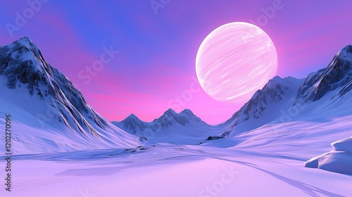 Alien landscape with snowy mountains under a vibrant pink and purple sky, featuring a giant glowing planet.