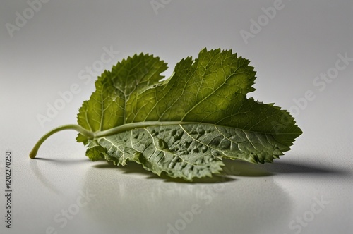 A single large green leaf with a prominent midrib and serrated edges rests on a smooth white surface photo