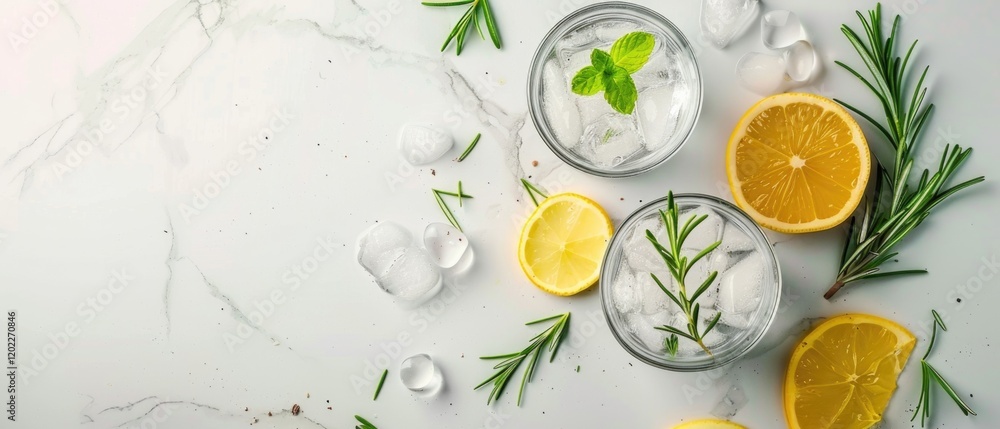 Gin with ice, rosemary, and peppercorns arranged on colorful background. Top down view of alcoholic liquid decorated with citrus fruit sliced Flat lay composition with copy space. Summer. AIG55. Gin with ice, rosemary, and peppercorns arranged on colorful background. Top down view of alcoholic liquid decorated with citrus fruit sliced Flat lay composition with copy space. Summer. AIG55.