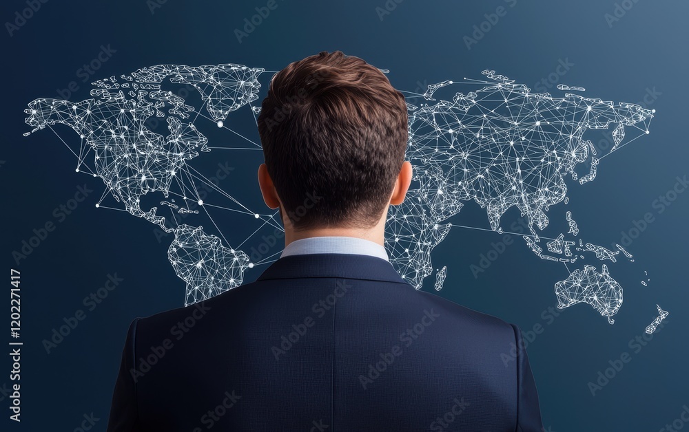A business professional observes a digital world map, symbolizing global connectivity and future opportunities in international ventures. A business professional observes a digital world map, symbolizing global connectivity and future opportunities in international ventures.
