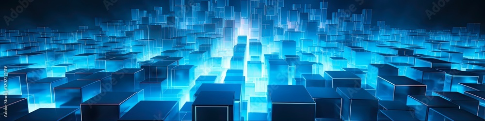Digital Background. Modern Luminous Cuboid for Business and Abstract Panorama Header with Three-dimensional Square Shapes Digital Background. Modern Luminous Cuboid for Business and Abstract Panorama Header with Three-dimensional Square Shapes