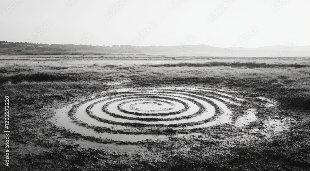 Photograph of ripples in water, circular ripples on the ground, monochrome Photograph of ripples in water, circular ripples on the ground, monochrome