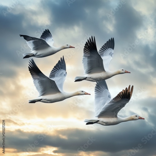 Migrating birds in mid-flight against a cloudy sky, wildlife migration patterns