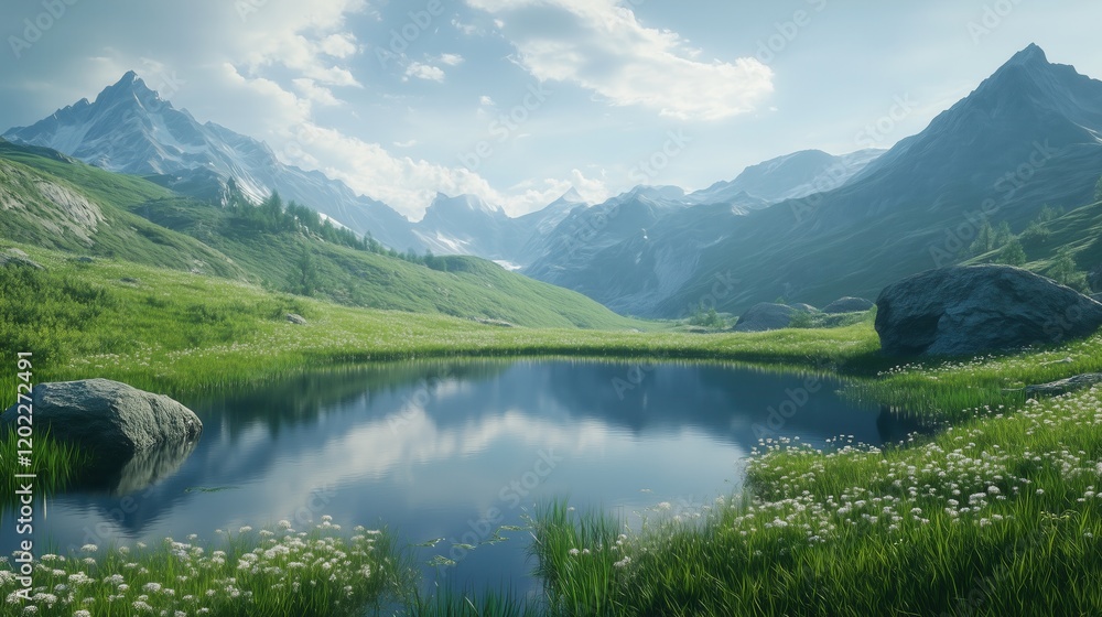 A serene pond reflects the towering peaks in the distance, surrounded by lush green meadows that roll gently through the majestic mountain landscape. A serene pond reflects the towering peaks in the distance, surrounded by lush green meadows that roll gently through the majestic mountain landscape.