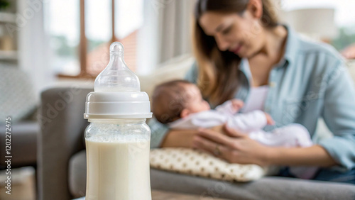 Breast Milk or Baby Formula in a Bottle for Feeding Time, Brest Pumping, Maternity, Mom and Newborn Infant photo