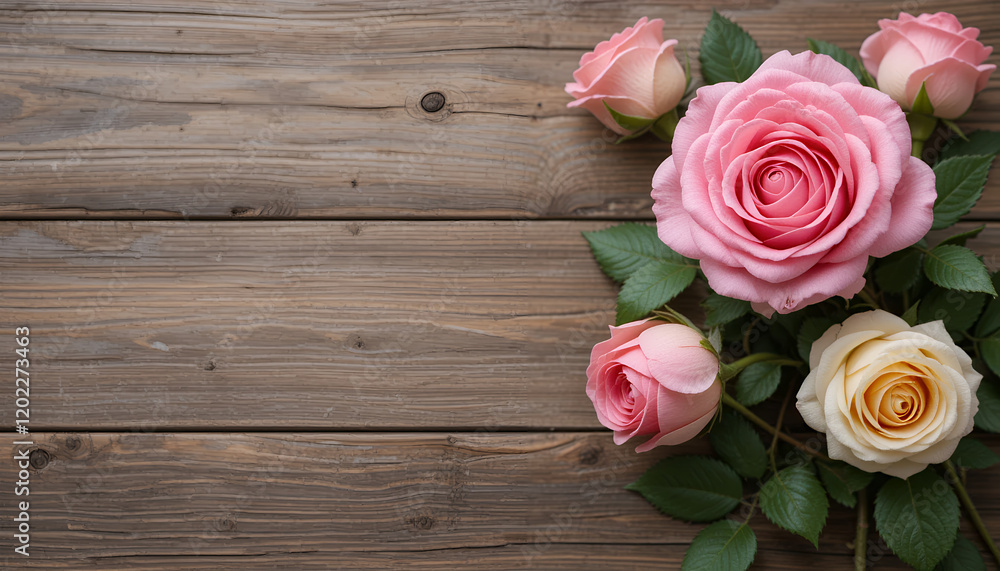 Elegant Rose Flowers on Wooden Background with Copy Space for Romantic Designs Elegant Rose Flowers on Wooden Background with Copy Space for Romantic Designs