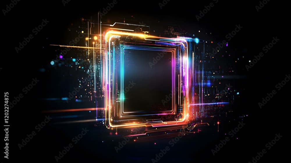 Obraz premium Abstract Digital Frame with Colorful Light Trails and Sparkling Effects on Dark Background