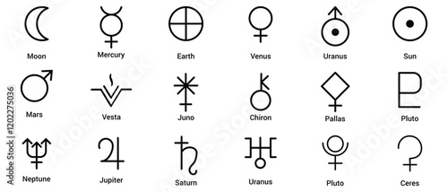 Set astrology and astronomy planet symbols. Outline icons, set of symbols for horoscope.Mystic planetary signs and symbols of ancient astrology and astronomy.   Simple alchemy icons, glyphs of planets