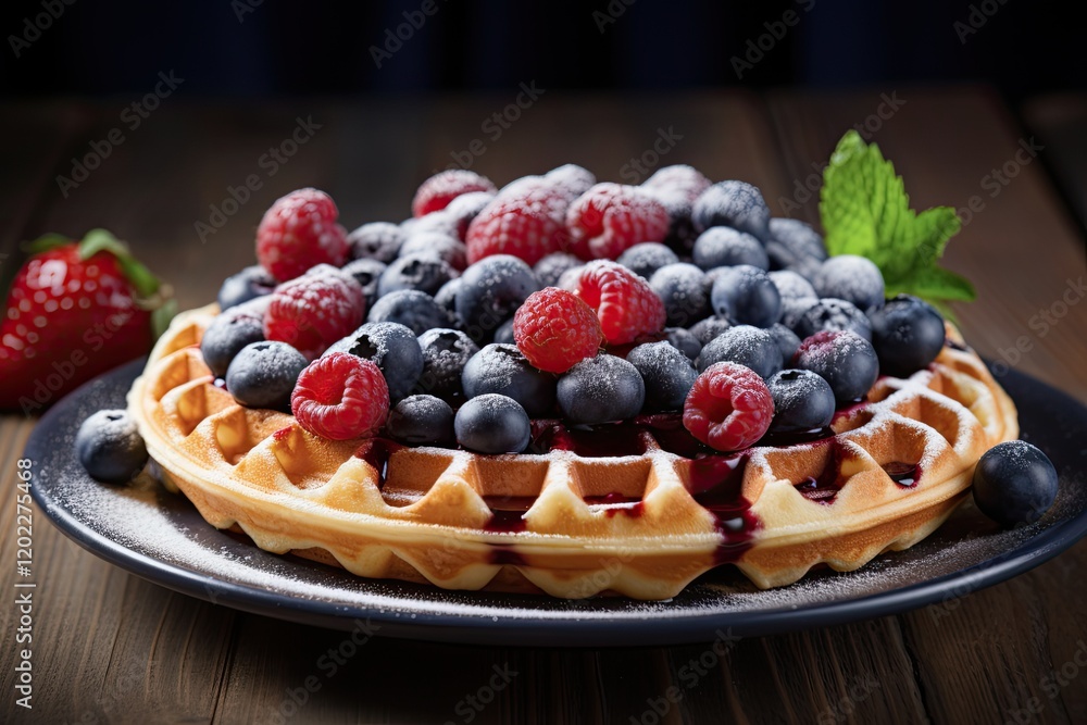 Homemade Belgian Waffle with Fresh Berries and Whipped Cream on a Rustic Background Homemade Belgian Waffle with Fresh Berries and Whipped Cream on a Rustic Background