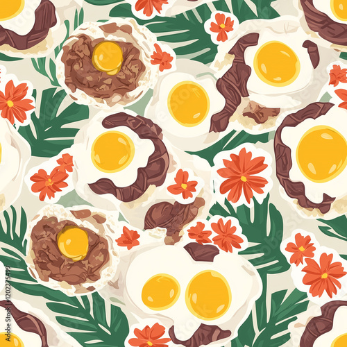 Filipino Hawaiian Adobo Loco Moco flat illustration icons, Filipino Hawaiian Adobo Loco Moco seamless pattern photo