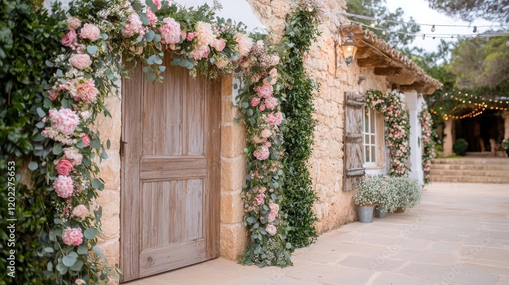 Rustic Wedding Venue Entrance Decorated with Flowers Rustic Wedding Venue Entrance Decorated with Flowers