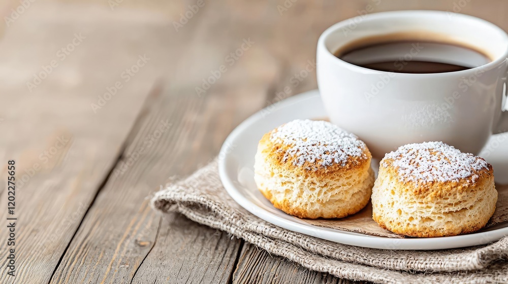 Coffee and scones on wooden table, rustic background, breakfast, food photography, website banner Coffee and scones on wooden table, rustic background, breakfast, food photography, website banner