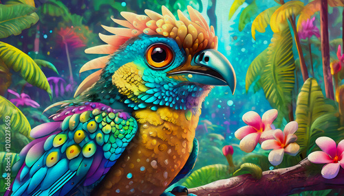 Wallpaper Mural oil painting style cartoon illustration A closeup of a beautiful, colorful yellow and blue bird in a birds' park in zoo Torontodigital.ca