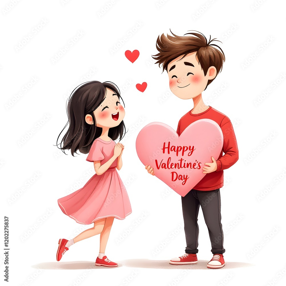 Valentine's Day Couple with a Heart-Shaped Card in a Whimsical Illustration Valentine's Day Couple with a Heart-Shaped Card in a Whimsical Illustration