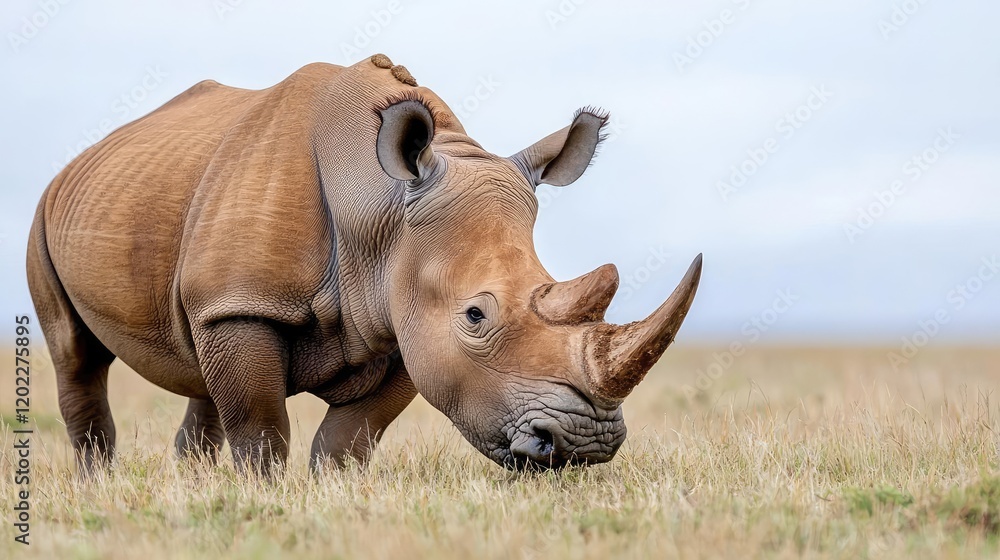 Fototapeta premium White rhino grazing in African savanna; overcast sky. Wildlife conservation image